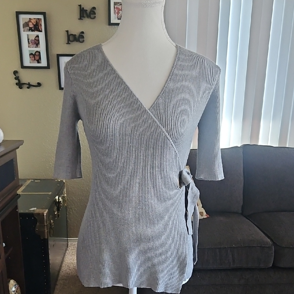 SELECT + TREND Light Gray Ribbed Wrap Sweater Top - Women's Size S